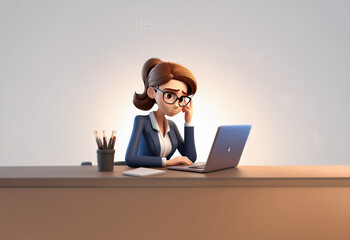 A 3D animated woman with brown hair and glasses sits at a desk, looking tired as she works on her laptop.