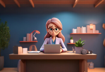 A 3D animated woman with pink hair and glasses is sitting at a desk, staring intently at a laptop with a worried expression.