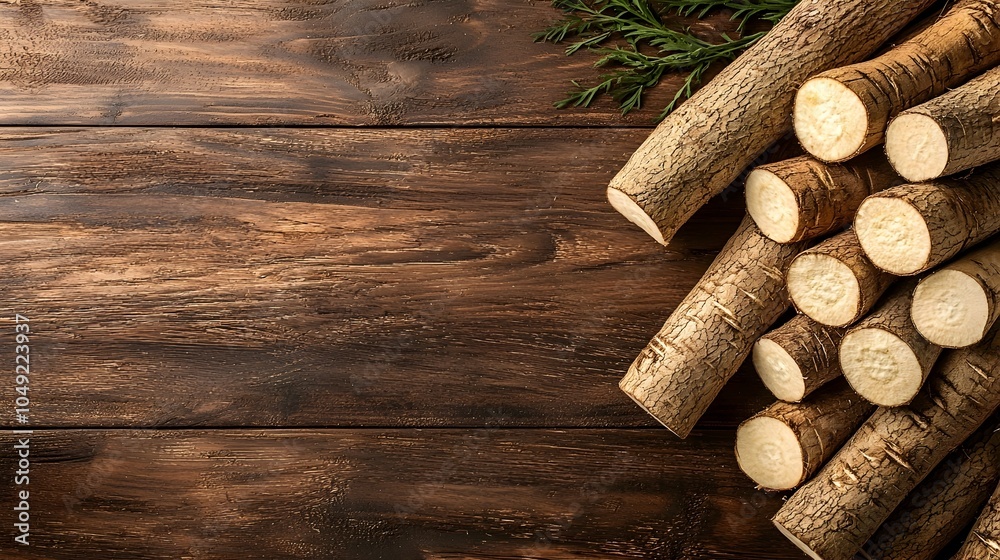 Poster freshly harvested cassava roots piled high on a rustic textured wooden table this traditional root v