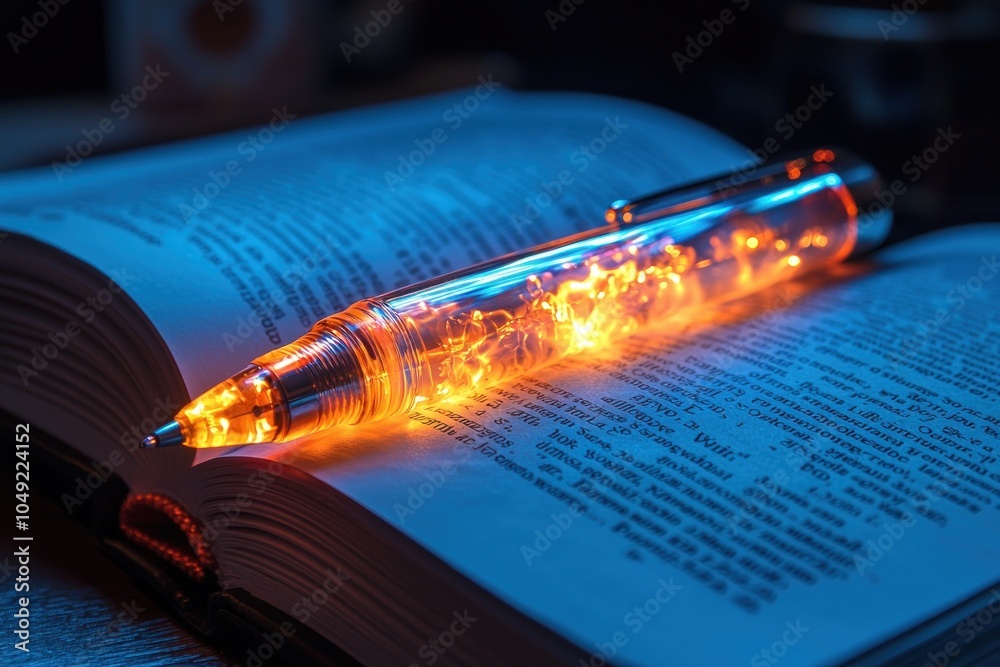 Poster glowing pen resting on open book pages