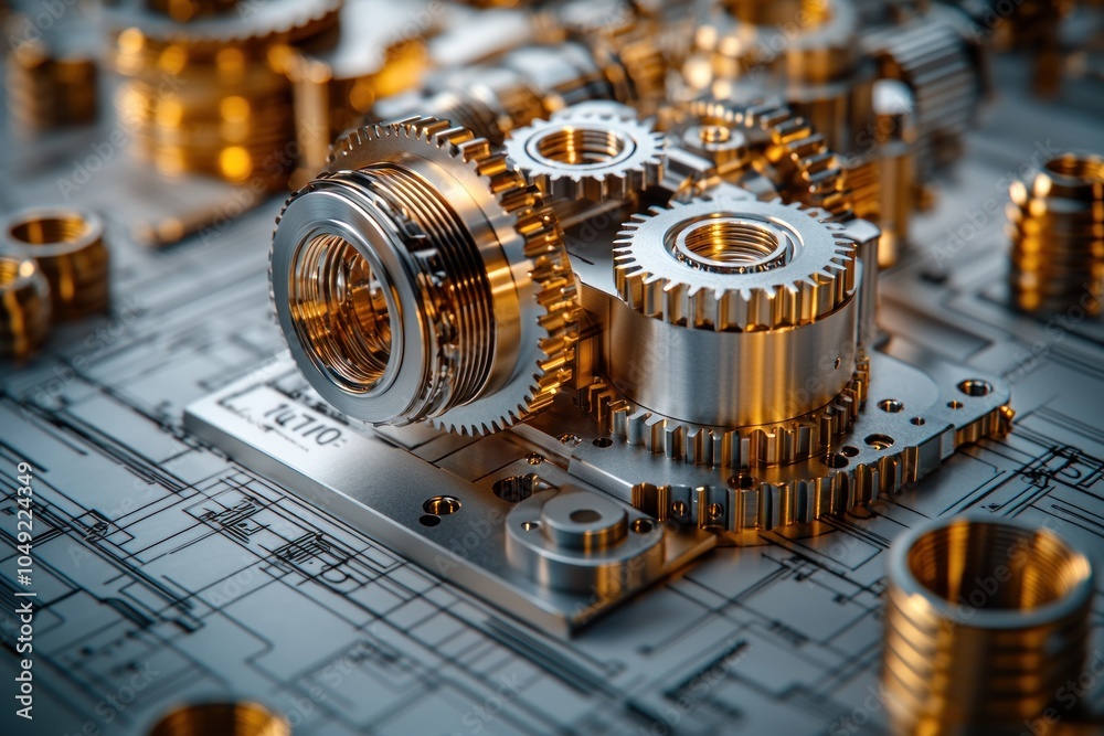 Poster Close-up of intricate metallic gears and cogs on a technical blueprint
