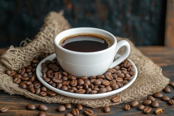 Fototapeta premium Freshly Brewed Coffee in White Cup Surrounded by Coffee Beans on Dark Wooden Background