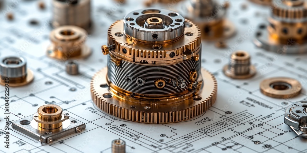 Poster Close-up of intricate metallic gears and components on a technical drawing.