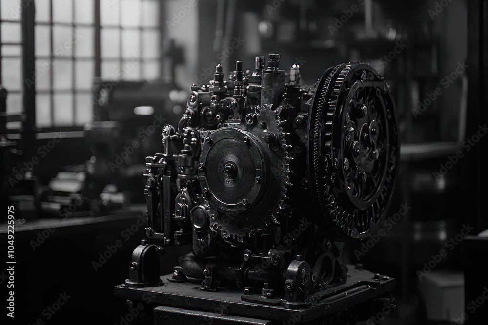 Aufkleber A Close-Up of a Complex Industrial Machine in a Workshop Setting