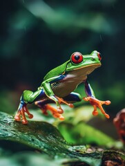 Naklejka premium Vibrant Red-Eyed Tree Frog Leaping Through Wet Environment
