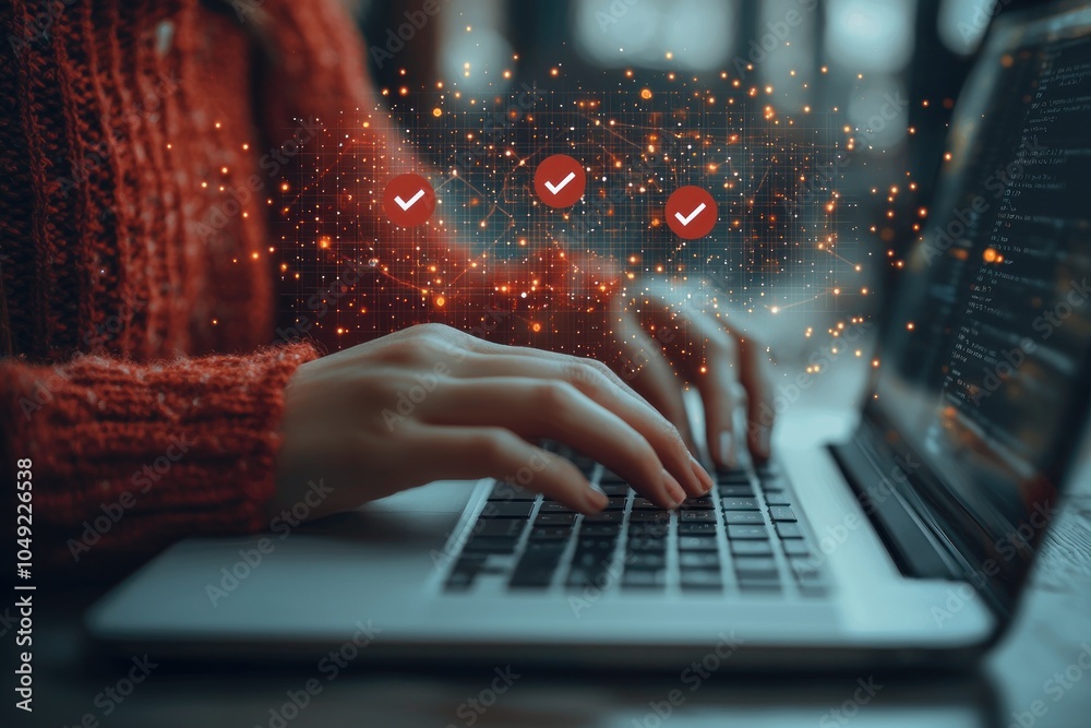 Poster woman typing on laptop with checkmarks and digital network