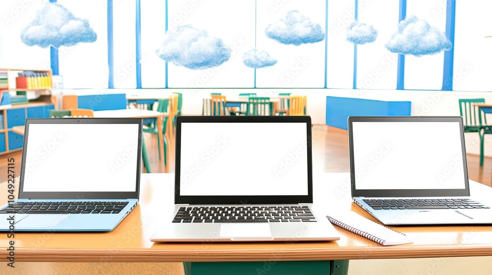 Poster cozy classroom with mockup laptops and notebooks on tables generative ai