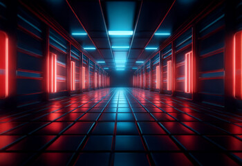 A futuristic,  reflective corridor illuminated by red and blue neon lights.