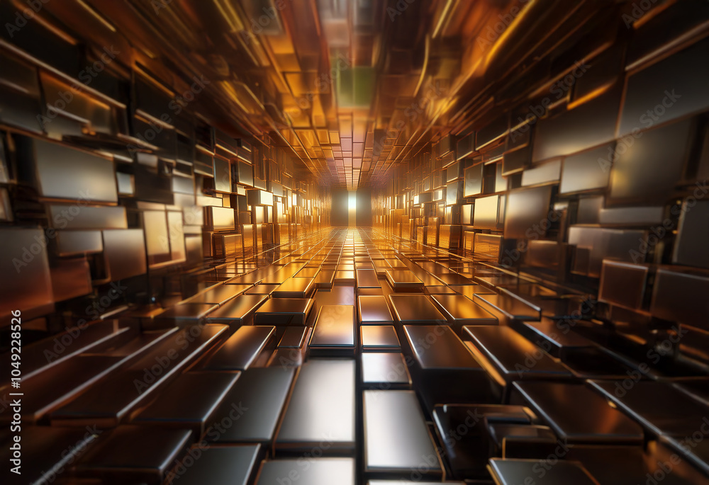 Aufkleber An abstract 3D rendering of a metallic tunnel with glowing light at the end.