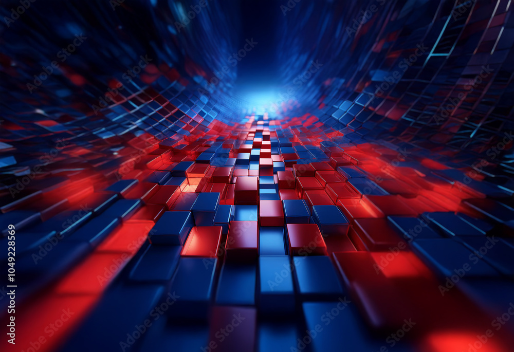 Aufkleber An abstract digital tunnel with blue and red glowing blocks. The blocks are angled to form a path leading towards a bright light at the end.