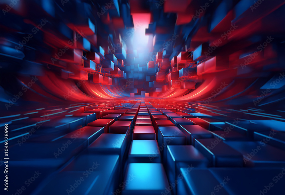 Poster a futuristic abstract tunnel composed of blue and red blocks leads to a bright light in the distance