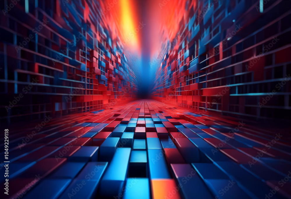 Aufkleber a futuristic, abstract hallway with red and blue neon lights. the walls are made of geometric shapes