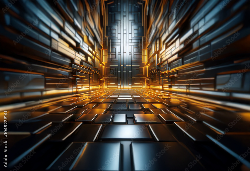 Aufkleber an abstract hallway with a glowing yellow light at the end and reflective black and silver tiled wal