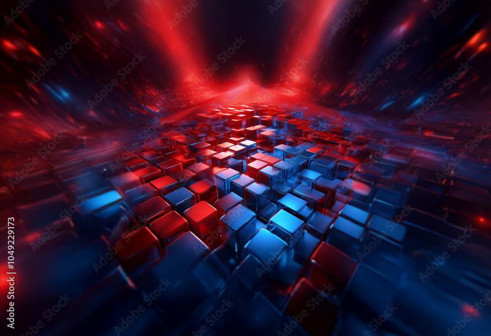 Poster A futuristic, abstract image of a pathway made of red and blue cubes with a glowing light effect.