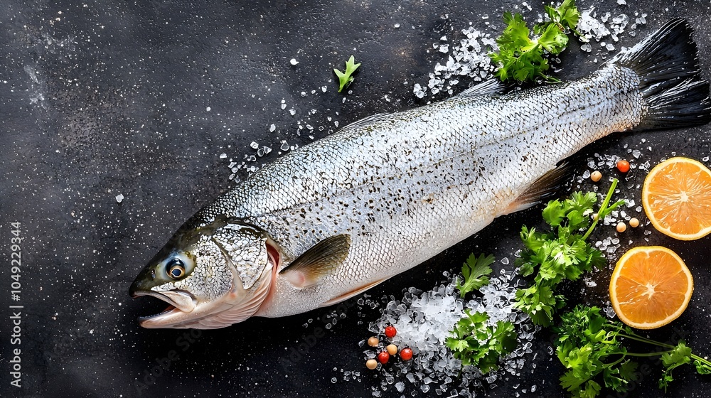 Poster Horizontal layout of fresh uncooked barramundi fish fillet on a simple minimalist background surface  Flat lay of this high protein nutrient rich seafood ingredient with copy space for culinary