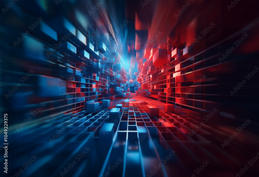 Poster A digital tunnel with a glowing blue and red light in the background creates a sense of movement and depth.