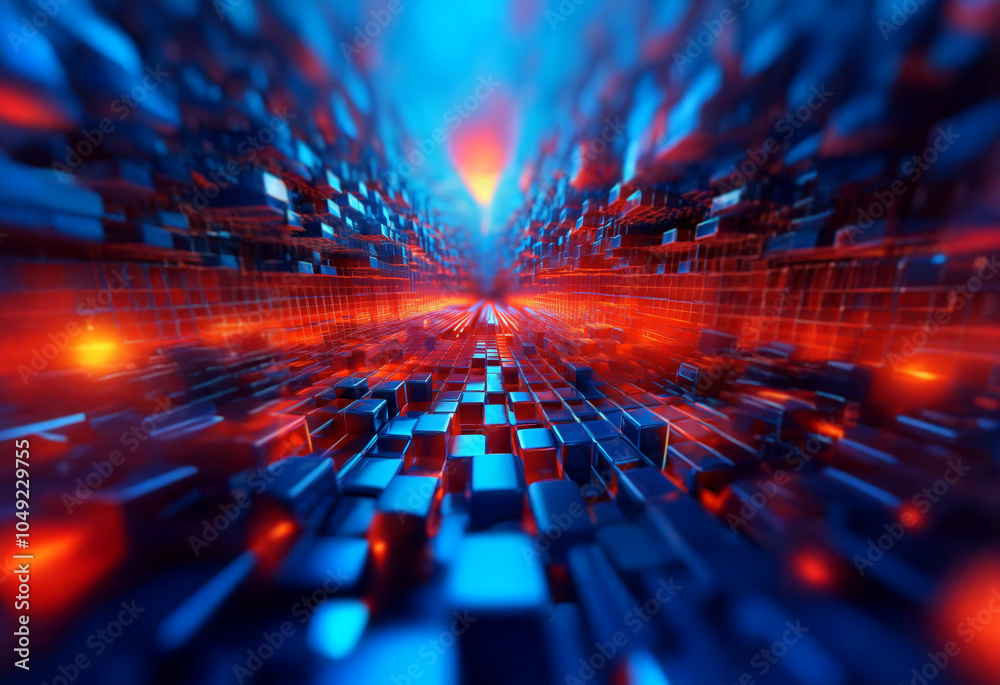 Poster a digital rendering of a glowing tunnel made of cubes, bathed in shades of blue and red.