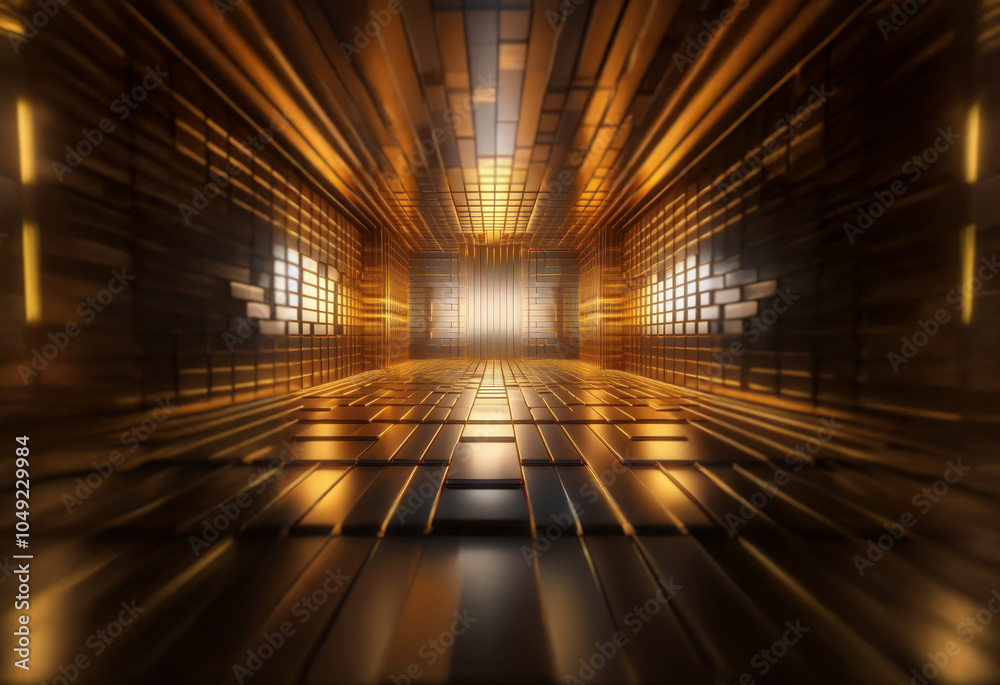 Aufkleber a dark, futuristic corridor with golden reflective walls and a bright, rectangular light source at t
