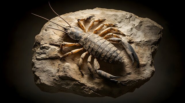 Impressive full body fossil of an ancient Eurypterid or sea scorpion creature displayed in a natural history museum exhibit  The prehistoric arthropod specimen dates back millions of years