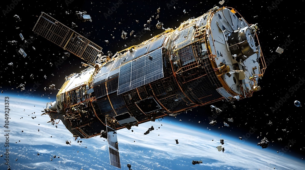 Aufkleber Innovative AI controlled satellite precisely identifying and mapping space debris and junk across the vast expanse of Earth s orbit