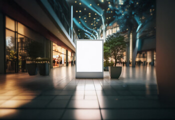 Obraz premium A large, blank billboard stands in the center of a modern, bustling shopping mall.