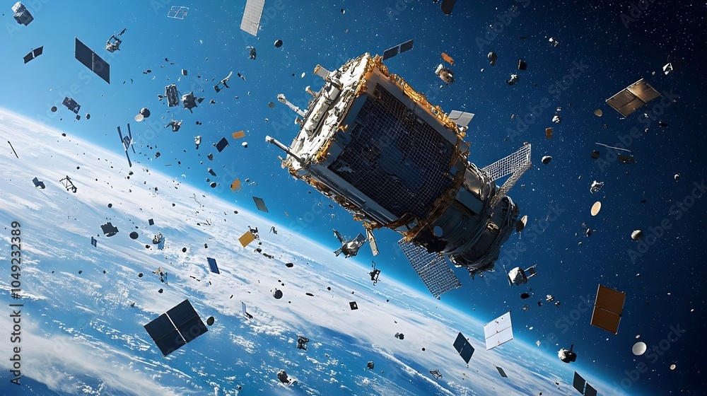 Poster innovative satellite designed with specialized nets to capture and recycle floating space junk promo