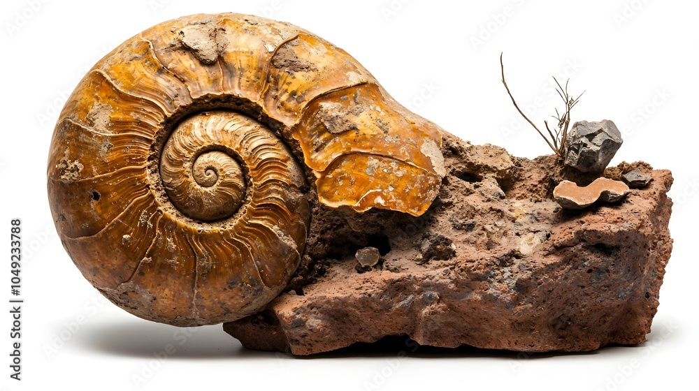 Poster Intricate Fossilized Ammonite Shell with Stunning Spiral Details Isolated on a Pristine White Background Capturing the Essence of Ancient Marine Life and Geological History