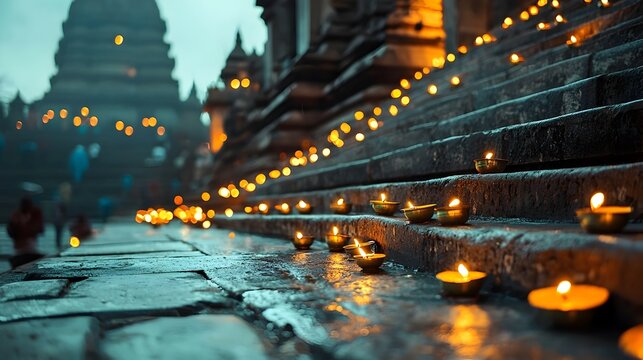 Karthigai Deepam Festival in Tamil Nadu India with Glowing Lamps Beautifully Adorning the Temple Steps Capturing the Spiritual Essence of this Auspicious