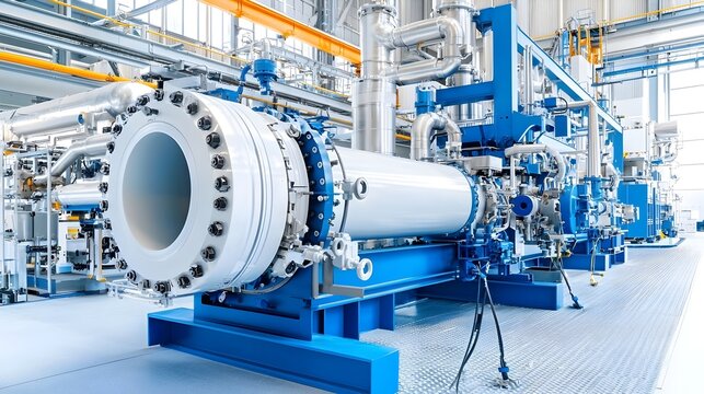 Large industrial extrusion machine manufacturing and processing PVC plastic pipes within a modern manufacturing plant or factory facility