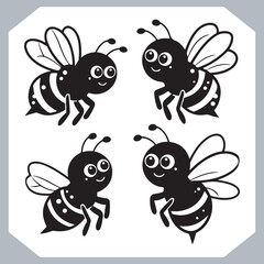 Bee simple logotype icon, Bee silhouette set collection, hand drawn Bee on white background