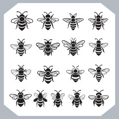 Bee simple logotype icon, Bee silhouette set collection, hand drawn Bee on white background