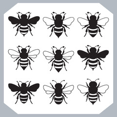 Bee simple logotype icon, Bee silhouette set collection, hand drawn Bee on white background