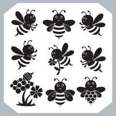 Bee simple logotype icon, Bee silhouette set collection, hand drawn Bee on white background