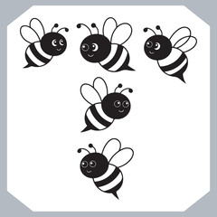 Bee simple logotype icon, Bee silhouette set collection, hand drawn Bee on white background