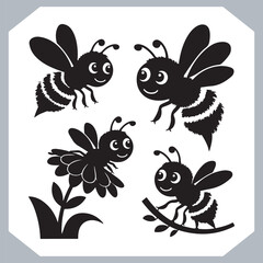 Bee simple logotype icon, Bee silhouette set collection, hand drawn Bee on white background