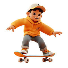 A cheerful cartoon boy skateboarding in an orange hoodie, showcasing fun and adventure in animated style PNG isolated on transparent background, white background.