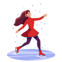 Woman Ice skating, Girl Ice Skating Vector Illustration. Young Woman Figure Skating on Ice rink . Female Characters Skating on ice Rink at Wintertime Christmas Holidays Vacation