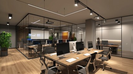 Modern office space with glass walls, desks, and chairs