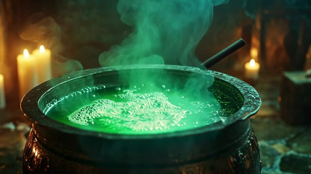 Mystical cauldron with green potion in candlelit atmosphere