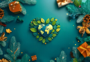 A heart-shaped arrangement of green leaves surrounds a globe on a teal background,  with pine branches and gift boxes surrounding it.