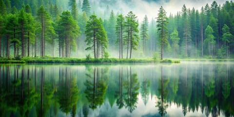 Obraz premium Misty green forest reflected in still water with tall pine trees and underbrush