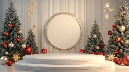 White Podium with Christmas Trees and Ornaments