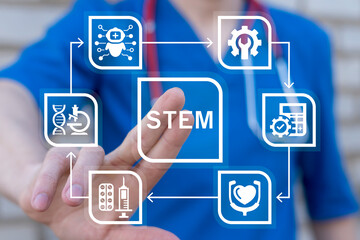 Medical student or graduate doctor working on virtual touch screen presses abbreviation: STEM. STEM...