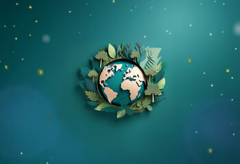 Fototapeta premium A paper globe surrounded by a ring of paper leaves and trees on a teal background with white stars.