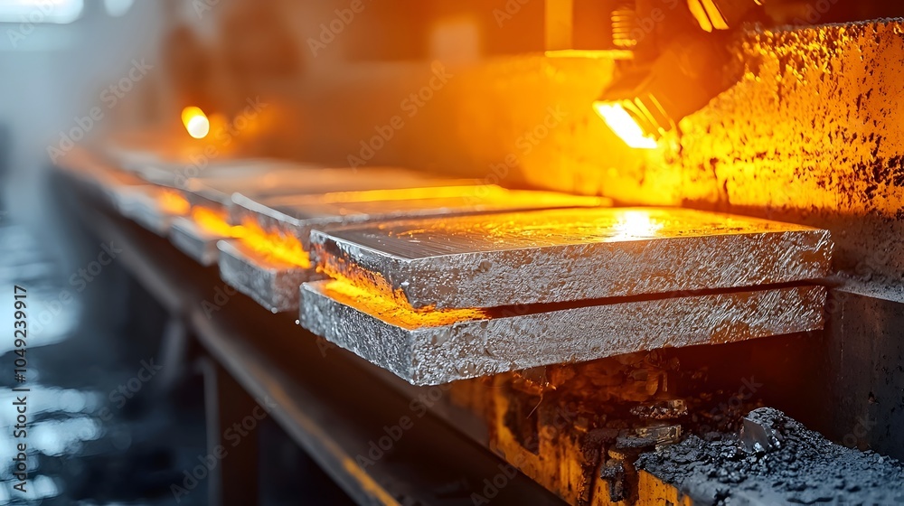 Aufkleber molten aluminum cooling and solidifying into uniform metal sheets on an automated production line in