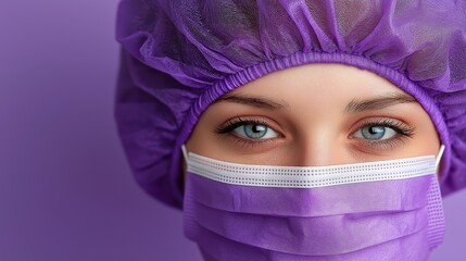 Fototapeta premium Close-up of an adult with blue eyes wearing a lavender face mask and matching hair cover against a soft purple background