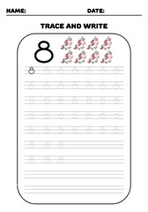 Trace and write practice math number 8 eight for kids with unicorns