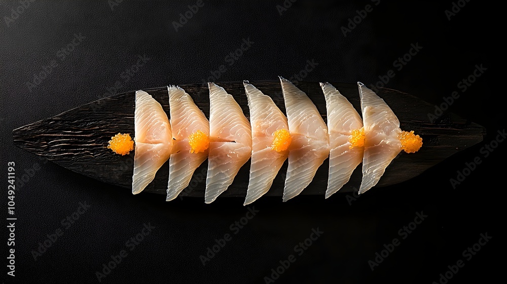 Poster Neatly Stacked Rows of Delicate Butterfish Fillets Placed Symmetrically Against a Clean Minimalist Grey Background   A Simple Elegant Culinary Composition