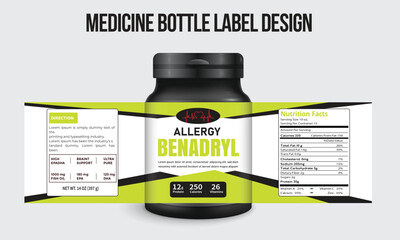 Medicine label, supplement multivitamin label sticker design, and dietary medicine bottle jar box packaging.
