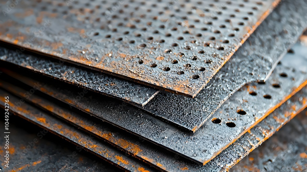 Poster perforated metal sheets being processed and fabricated in an industrial workshop or factory setting 